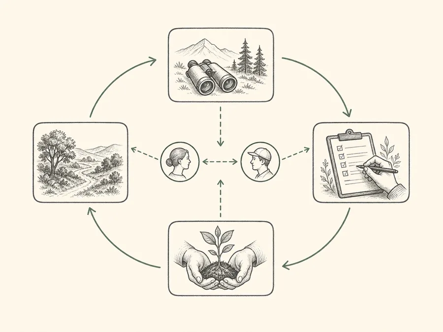 Field-guide illustration of a repeating observation, tracking, and growth loop